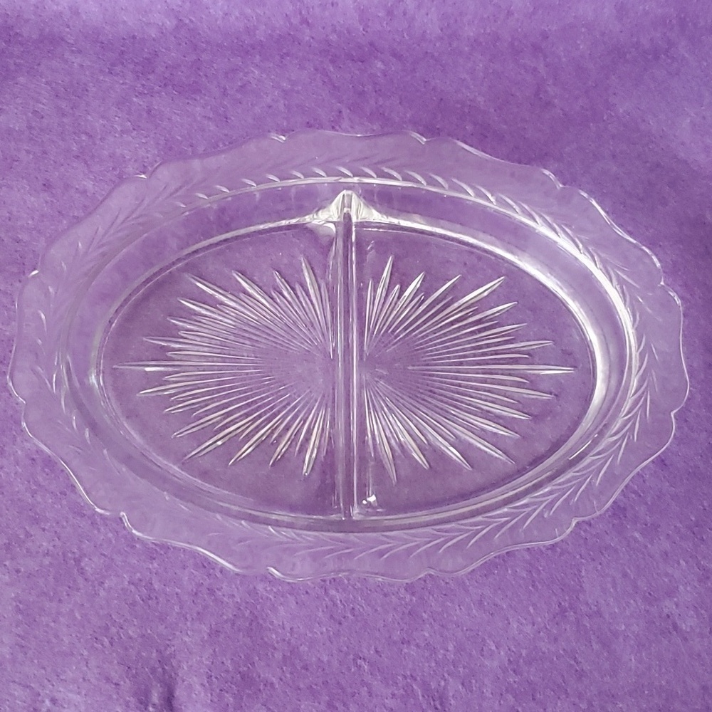 Vintage Clear Glass Divided Plate, Sunburst Herringbone Pattern Depression Glass